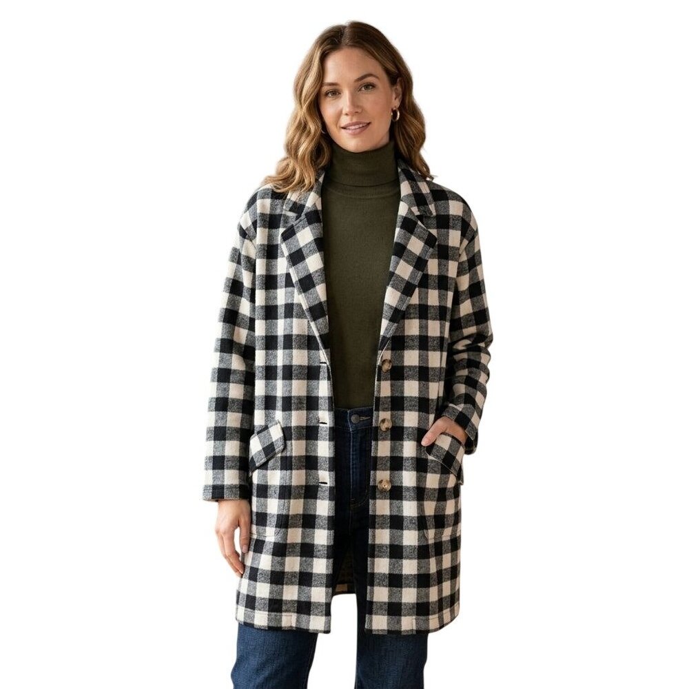 Pol Brand Plaid Cardigan Coat Flannel Black Cream Sustainable Cotton Size L